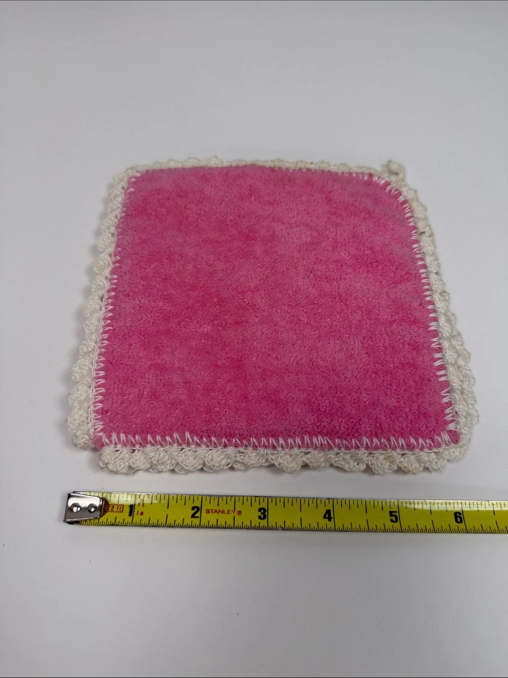 Handmade Pink Crochet Trim Washcloth Cottagecore Bathroom Shabby Chic Girly